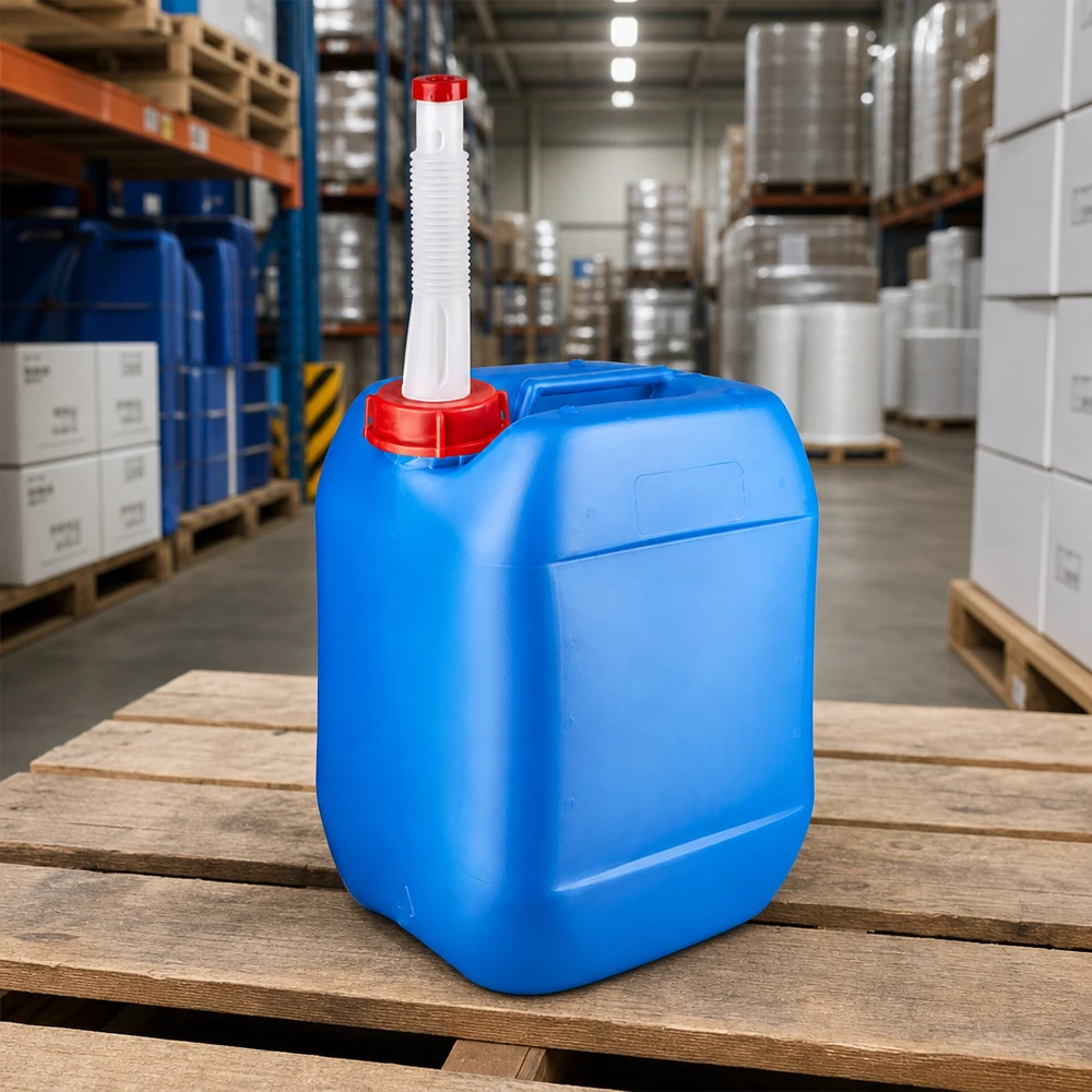 Kanister 10 Liter blau mit Auslaufrohr Flex Lebensmittelechter Kunststoffkanister 10L blau mit Flex-Auslaufrohr auf Holzpalette