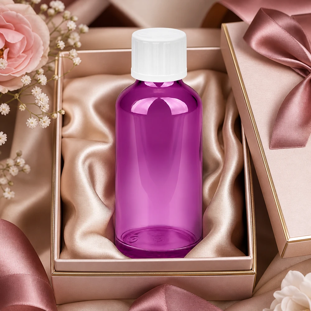 50ml Tropfflasche 1.2mm weiß Standard Kindersicher PurpleLine.UT18/50 50ml Flasche mit Tropfeinsatz in elegantem Purple für Aromatherapie und Naturkosmetik