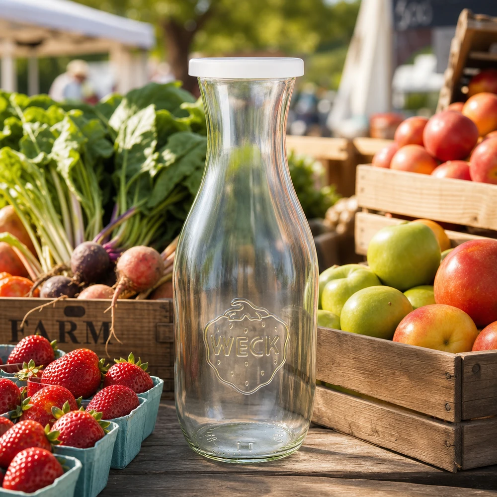 WECK Saftflasche 1062ml mit weißem Deckel auf Bauernmarkt zwischen frischem Obst und Gemüse in Holzkisten