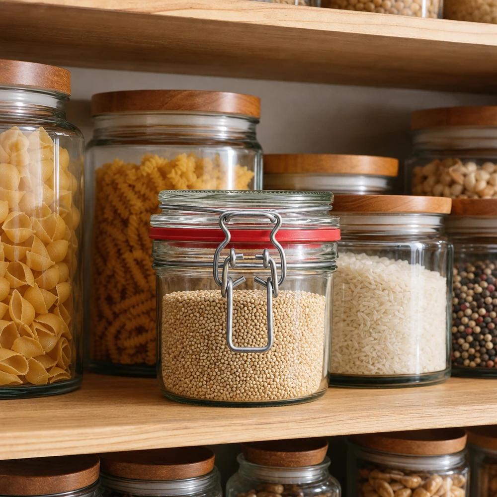 255ml Vorratsglas Typ G mit Bügelverschluss UN.. Organisierte Pantry mit 255ml Vorratsgläsern voller Getreide, Pasta und Gewürze auf Holzregalen für perfekte Küchenordnu