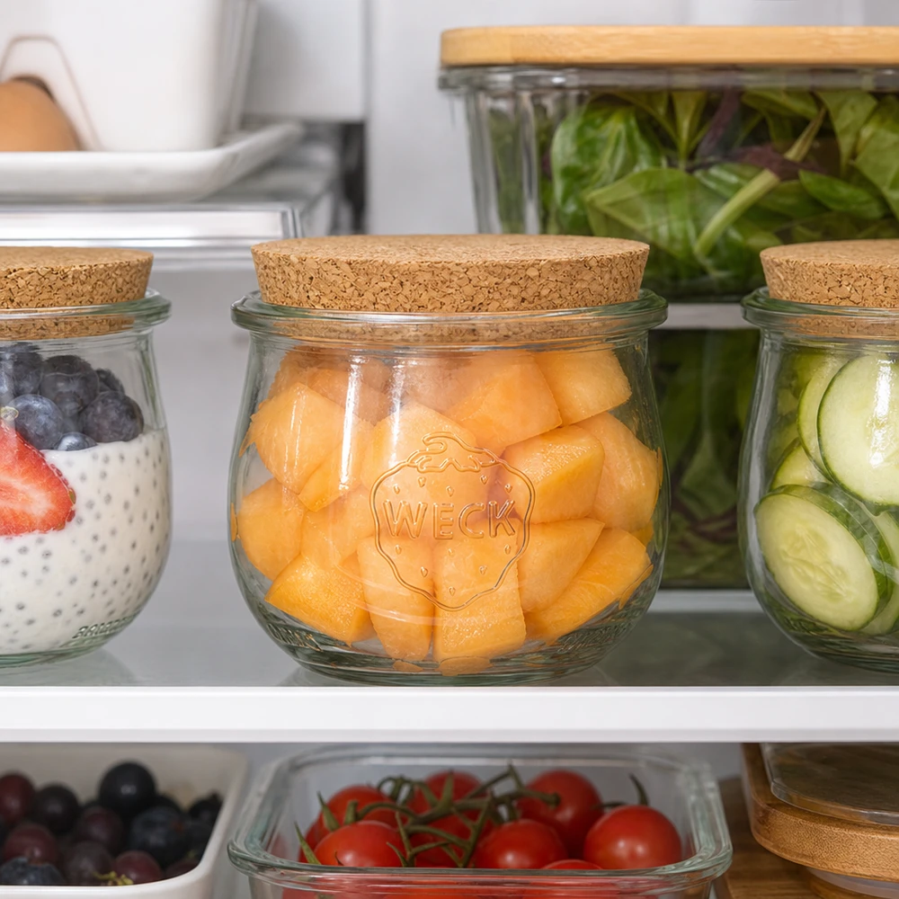 WECK Vorratsglas 370ml RR80 mit Korkdeckel für Kühlschrank Organisation mit Melone Gurken und Joghurt