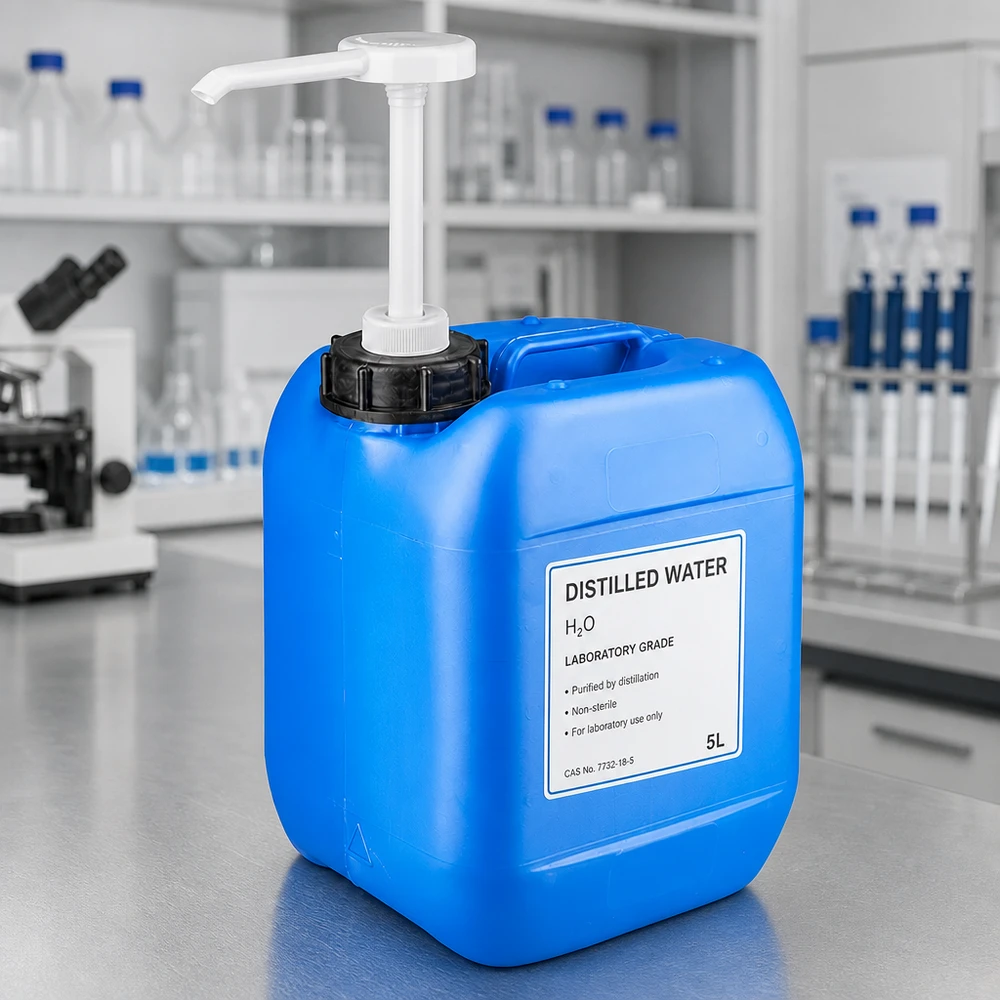 Kanister 5 Liter blau mit Dosierpumpe Blauer HDPE Kanister 5L mit weißer Schlauchpumpe auf Edelstahl Labortisch