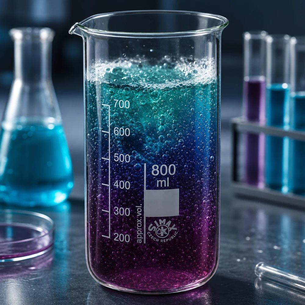 Becherglas 800ml Borosilikatglas, hohe Form Becherglas hohe Form 800ml Borosilikatglas mit schäumender türkis-lila Reaktionsflüssigkeit