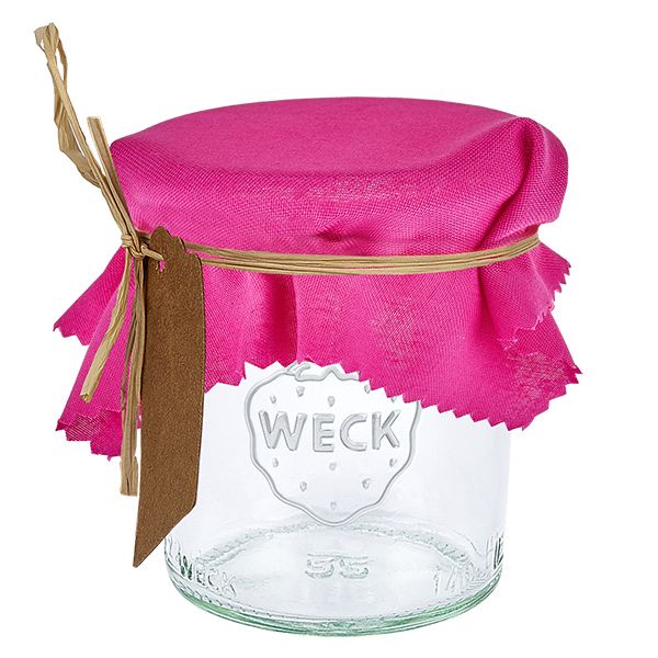 Stoff Schmuckdeckchen pink 12cm eckig Pinkes Stoff Schmuckdeckchen 12cm eckig auf Weck Glas mit braunem Etikett und Bast als Verschlussabdeckung
