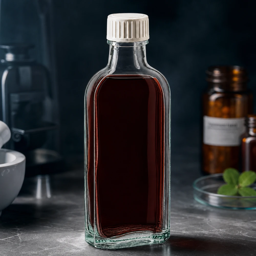 Kleine abgeflachte Apothekerflasche aus klarem Glas mit weißem Schraubverschluss 100ml