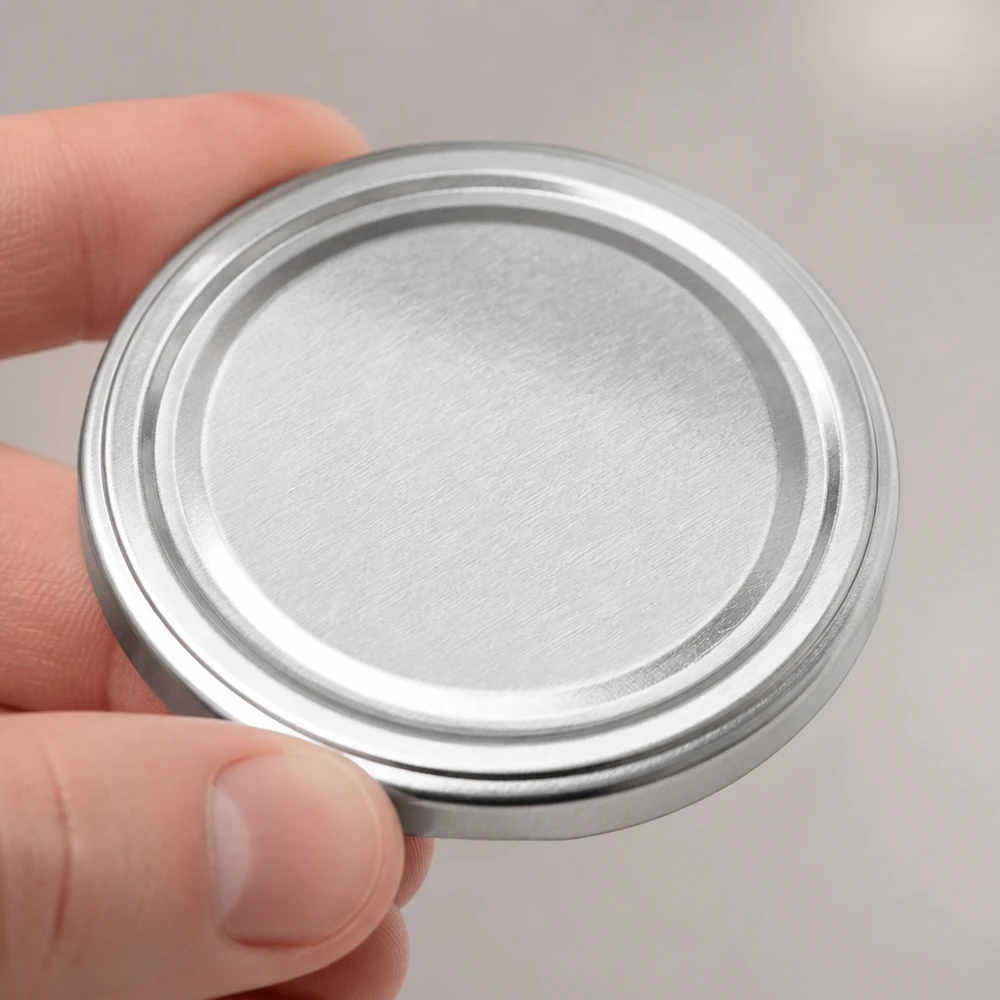 100mm BasicSeal Deckel silber matt (TO100) UN.. BasicSeal TO100 Deckel silber matt Unterseite mit doppelter Bördelkante in Handaufnahme