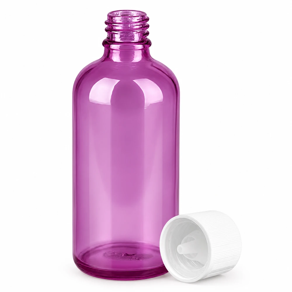 100ml Tropfflasche 1.2mm weiß Standard Kindersicher PurpleLine. UT18/100 100ml Glasflasche in Purple mit Standard Tropfverschluss für pharmazeutische Anwendungen