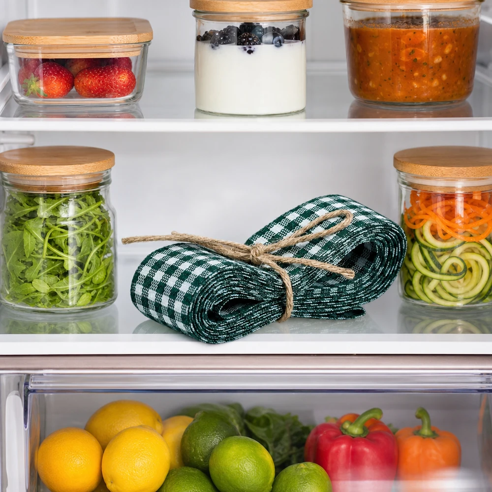 Stoffband grün/weiss zum Dekorieren 300cm Grün-weißes Stoffband 300cm gerollt im Kühlschrank zwischen Vorratsgläsern und frischem Gemüse als Küchenorganisation