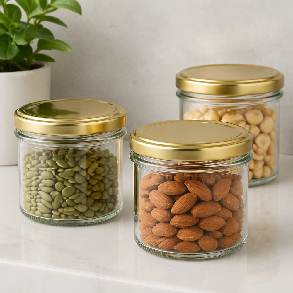 125ml Sturzglas mit BasicSeal Deckel gold UNiTWIST 125ml Sturzgläser mit BasicSeal Deckel gold gefüllt mit Nüssen und Samen - stylische Aufbewahrung für Trockenvorräte