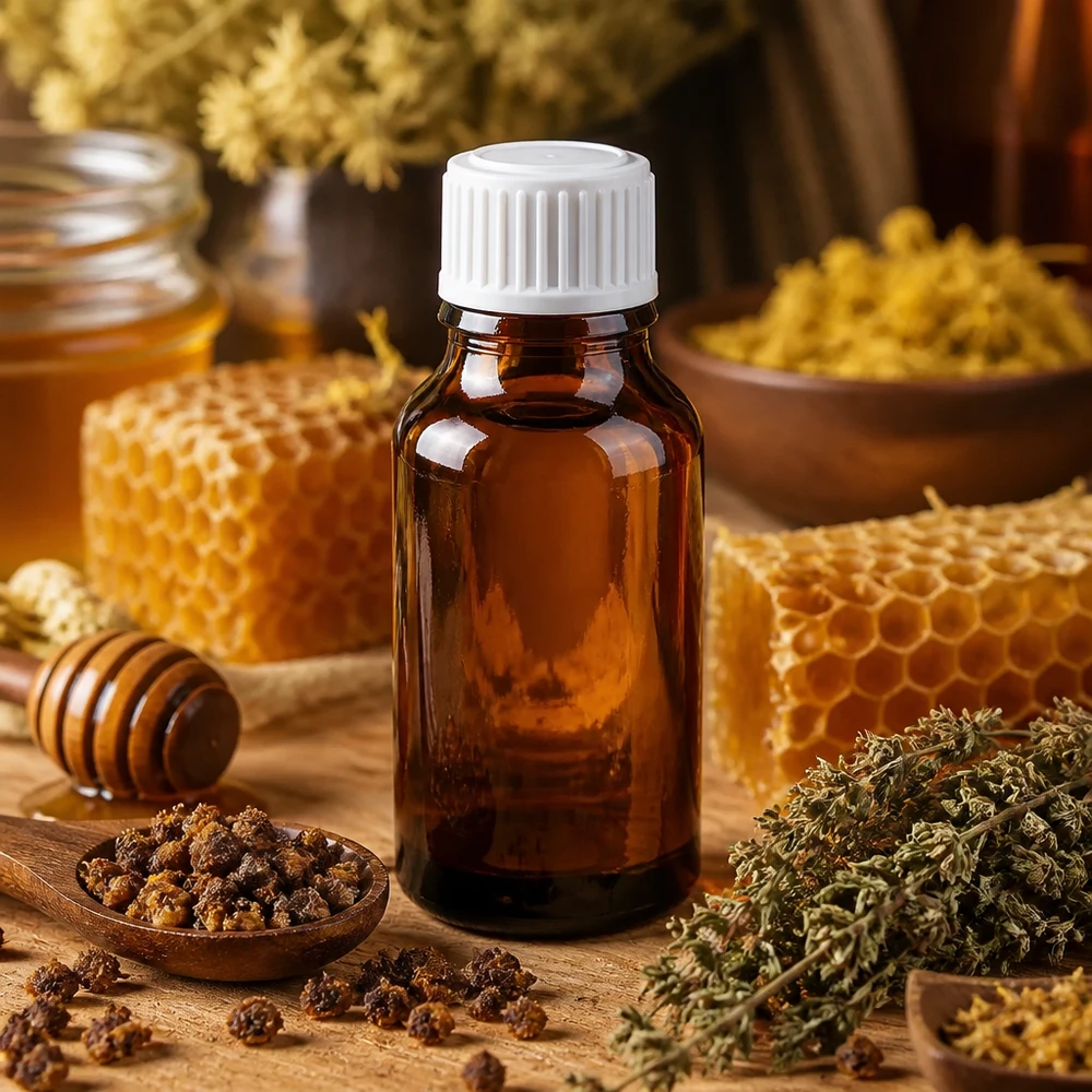 Apothekenflasche 15ml braun neben Honigwaben Kräutern und Propoliskörnern auf Holz
