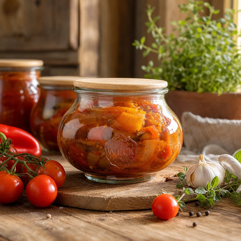 WECK Vorratsglas 560ml mit Holzdeckel gefüllt mit Tomatenaufstrich in rustikaler Küche mit frischen Zutaten