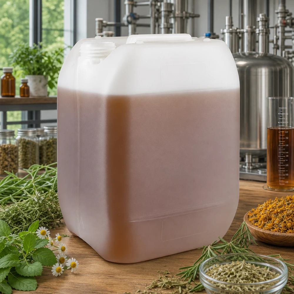 Kanister 10 Liter ohne Verschluss Transparenter Kunststoffkanister 10 Liter mit bräunlichem Inhalt für Naturprodukte ohne Deckel