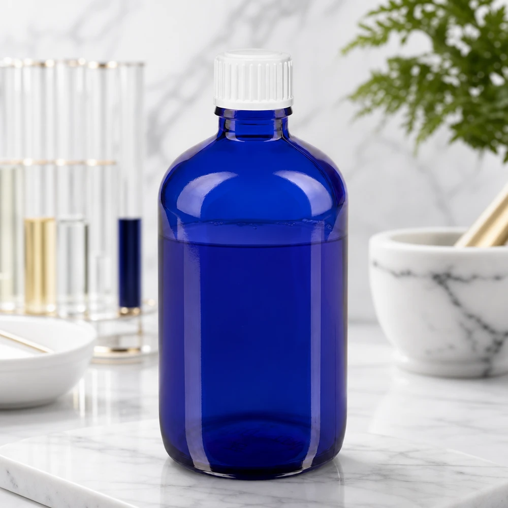 Apothekenflasche blau 100ml Tropfverschluss weiß 0.8mm Standard Blaue Glasflasche 100ml mit weißem Tropfverschluss auf Marmor neben Mörser und Glasröhrchen