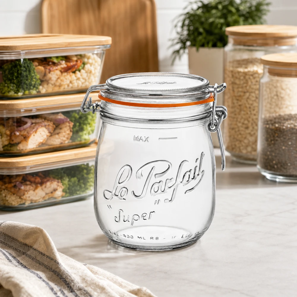 750ml Le Parfait Super Vorratsglas mit Bügelverschluss in moderner Küche neben anderen Aufbewahrungsbehältern