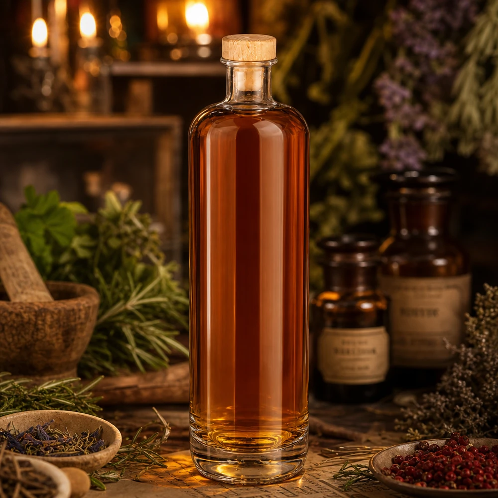 700ml Glasflasche Ella mit bernsteinfarbenem Inhalt und Holzkorken in rustikaler Kräuter-Apotheke-Atmosphäre