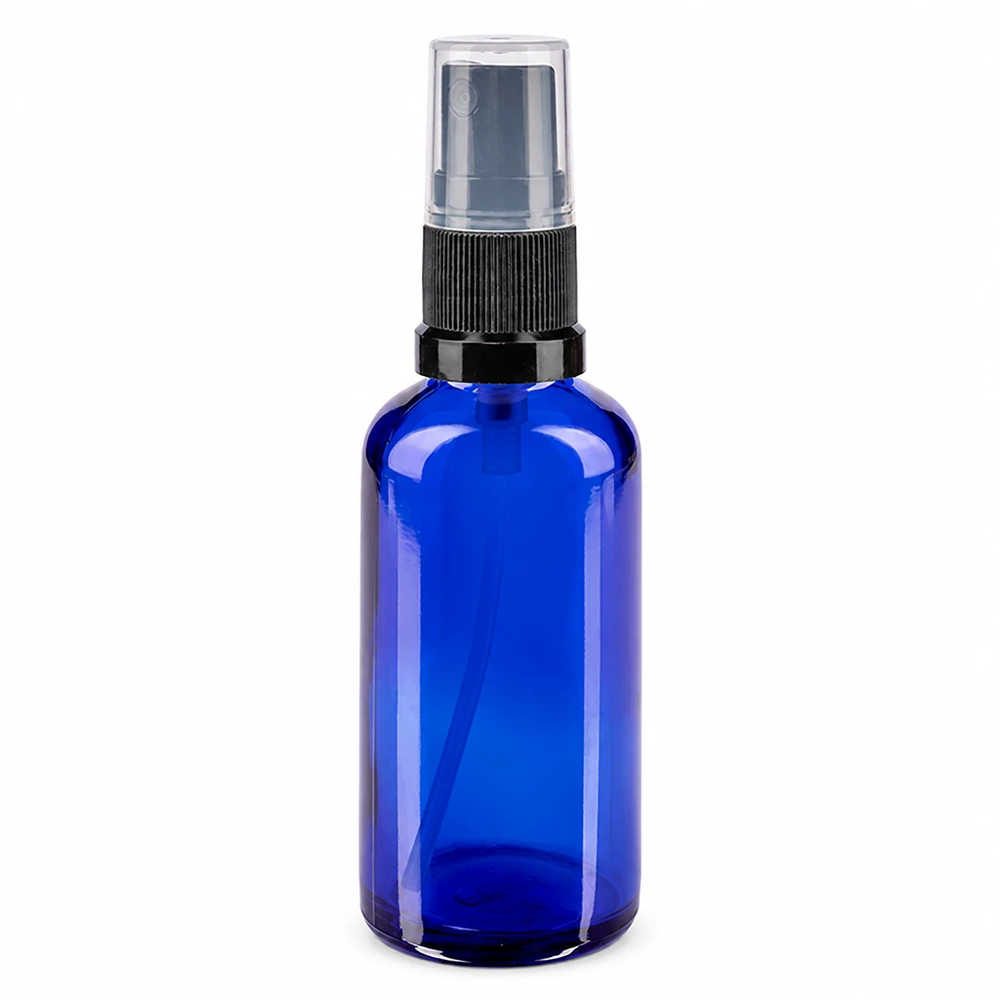 Apothekenflasche blau 50ml Sprayaufsatz schwarz Kobaltblaue Apothekerglasflasche 50ml mit schwarzem Pumpzerstäuber STD