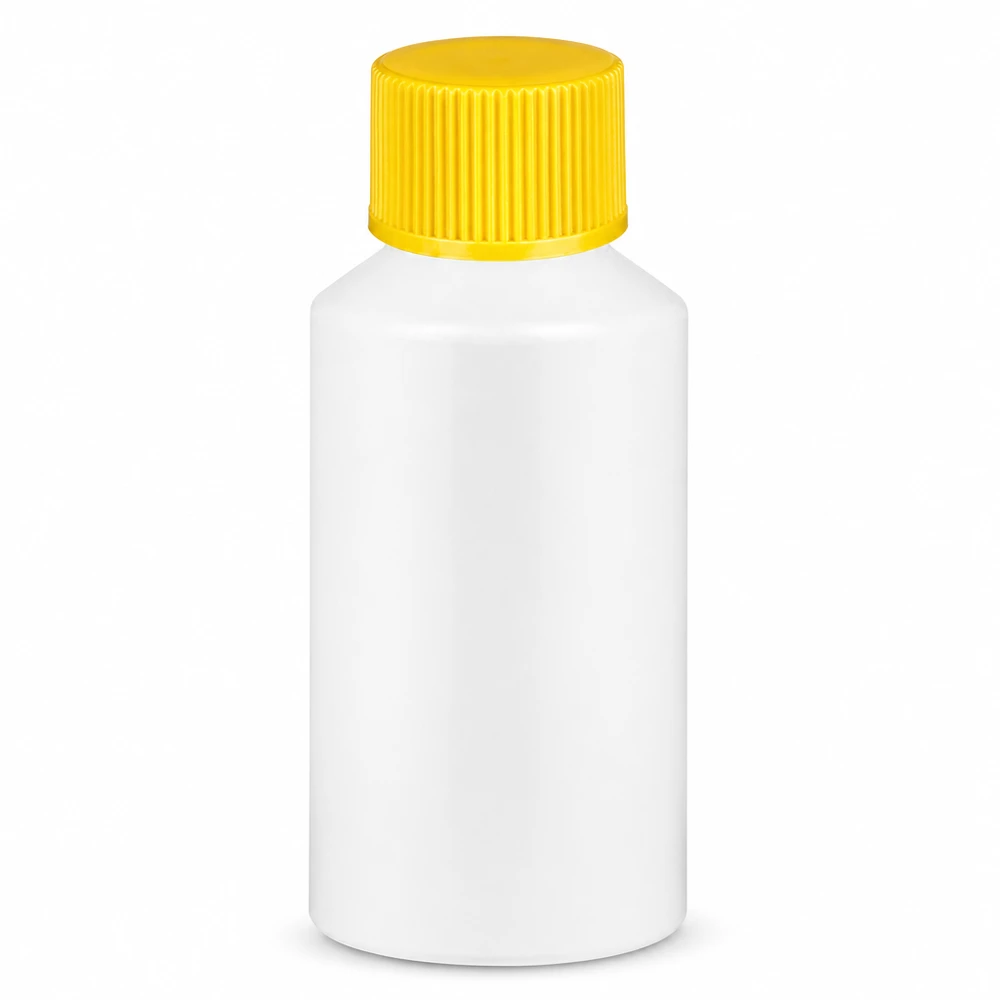 Apothekenflasche HDPE 50ml weiß, mit gelbem Schraubverschluss Pharmazeutische HDPE Flasche 50ml in Weiß mit geripptem gelbem Verschluss