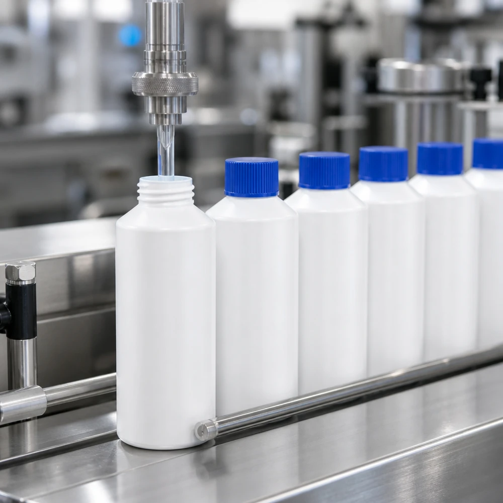 Apothekenflasche HDPE 100ml weiß, mit blauem Schraubverschluss Weisse Apothekenflaschen 100ml HDPE mit blauem SV auf Produktionslinie in Reihe