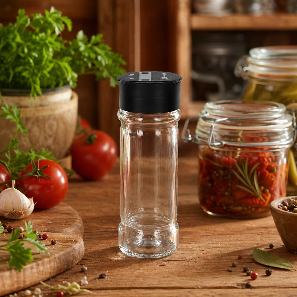 Salz-/Gewürzglas 100ml mit Doppelstreuer schwarz Nachfüllbares Gewürzglas 100ml mit Doppelstreuer neben frischen Tomaten und Knoblauch