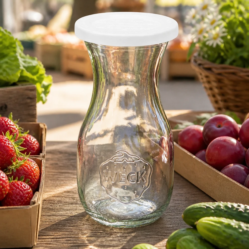 WECK Saftflasche 290ml mit RR60 Frischedeckel zwischen frischem Obst und Gemüse auf rustikalem Holztisch arrangiert