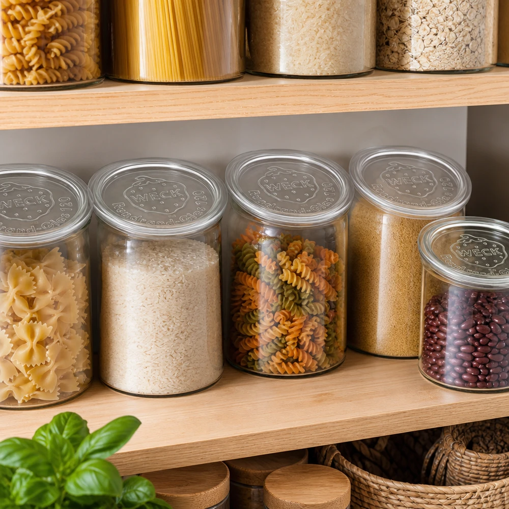 WECK Glasdeckel RR120 in stylischer Pantry-Atmosphäre mit Vorratsgläsern voller Pasta und Hülsenfrüchte auf Holzregalen