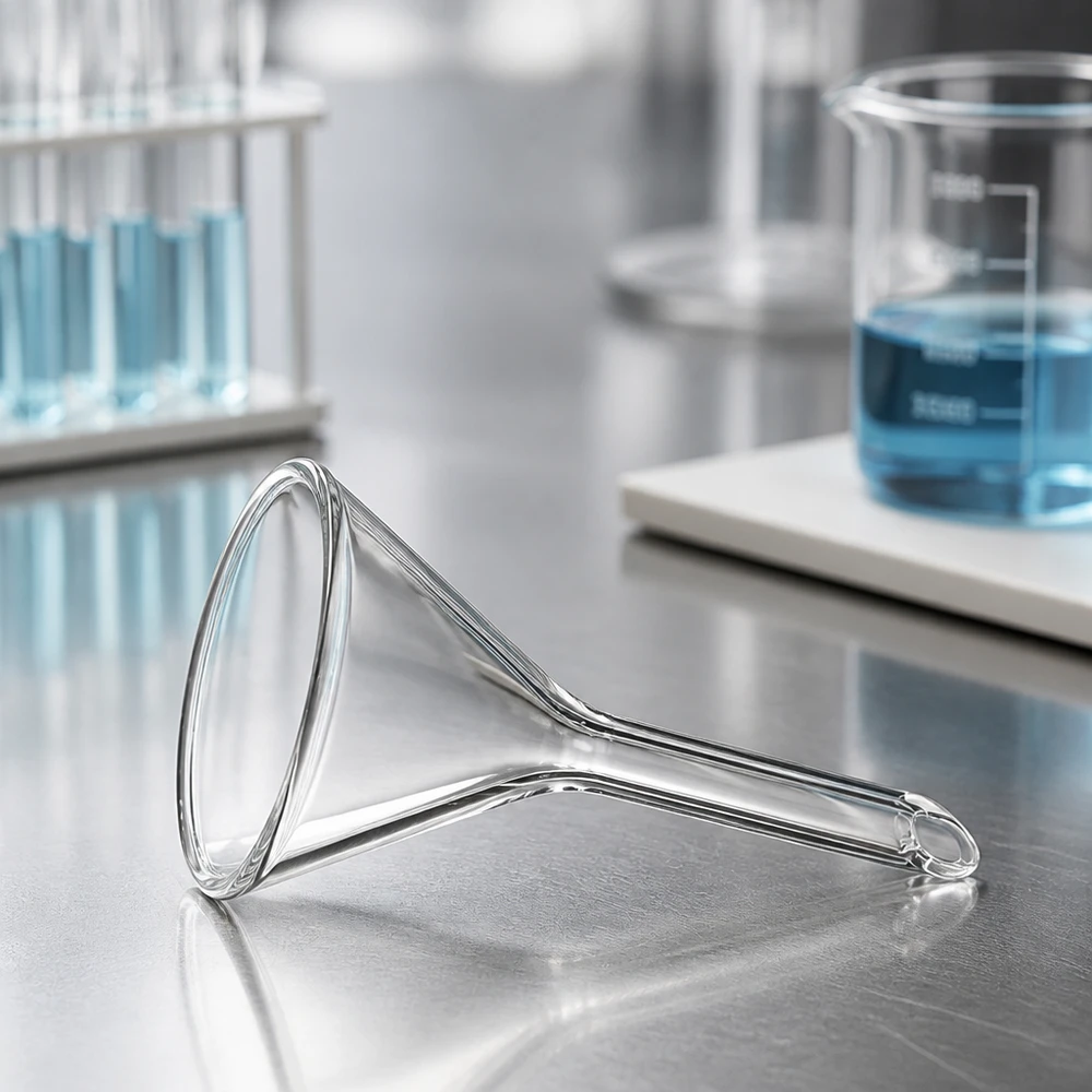 Professioneller 30mm Glastrichter mit ergonomischem Kurzgriff für sicheres Handling im Labor