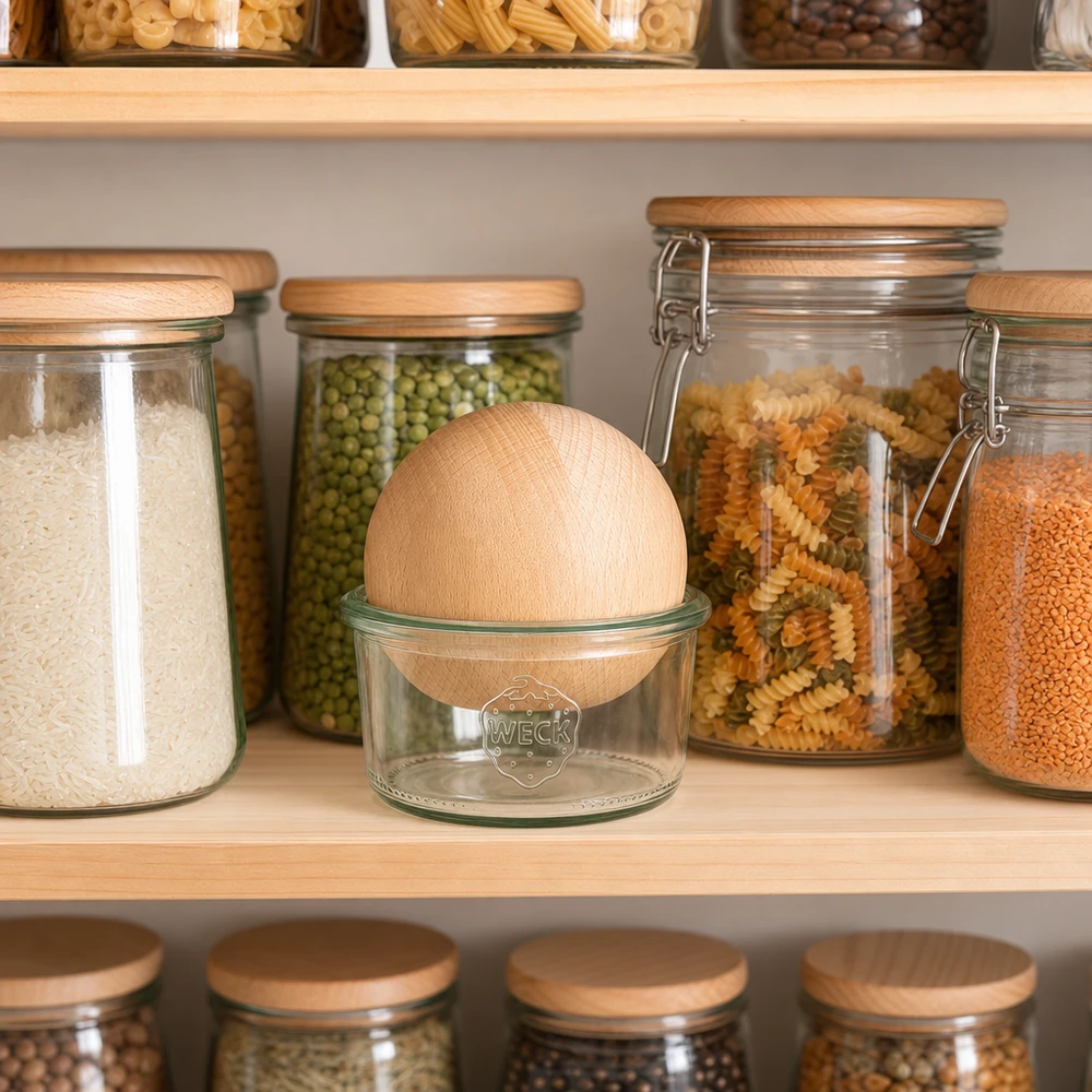 WECK Sturzglas 165ml RR80 mit Buchenkugel in moderner Vorratsküche zwischen organisierten Gläsern mit Pasta und Hülsenfr