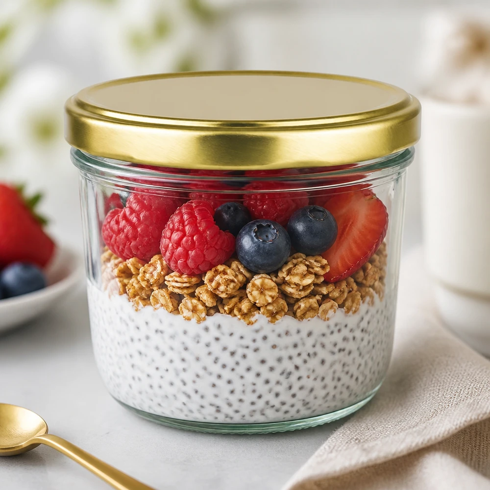 230ml Sturzglas mit goldenem Deckel gefüllt mit Chia-Pudding, Nüssen und Beeren als Anwendungsbeispiel
