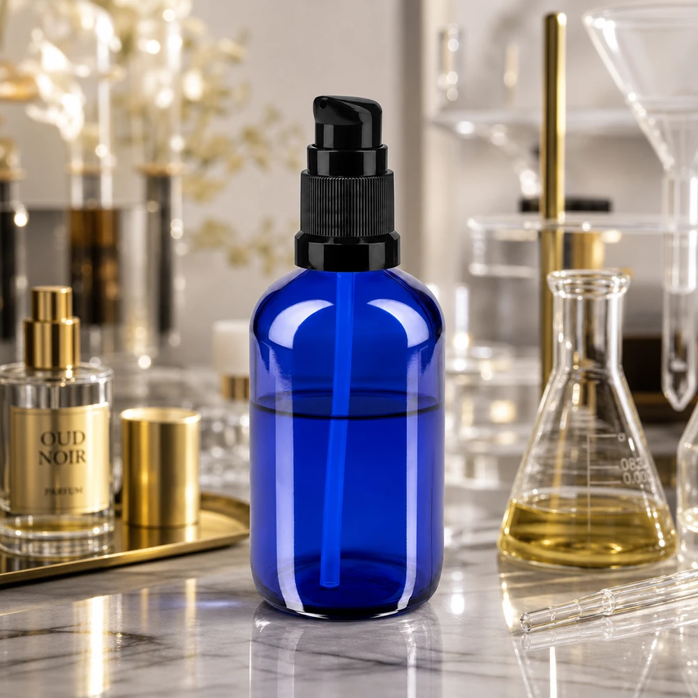 Apothekenflasche blau 100ml PumpVerschluss schwarz Standard 100ml blaue STD Apothekerglasflasche mit Pumpverschluss neben Erlenmeyerkolben und Parfumflakons