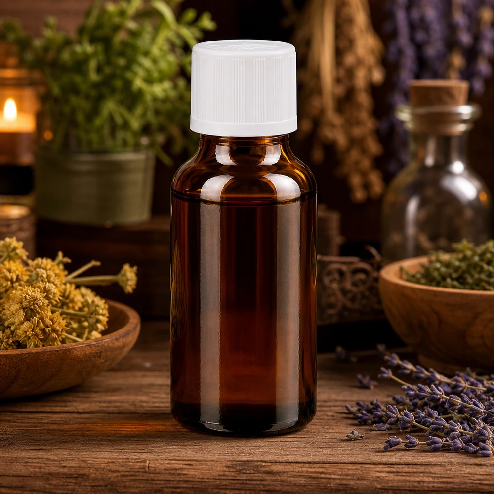 Apothekerflasche 20ml Braunglas mit kindersicherem Weißdeckel auf rustikalem Holz mit Lavendel