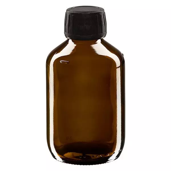 200ml Medizinflasche braun, Verschluss schwarz mit Originalitätsring ApoGlas 200ml Medizinflasche braun, Verschluss schwarz mit Originalitätsring ApoGlas