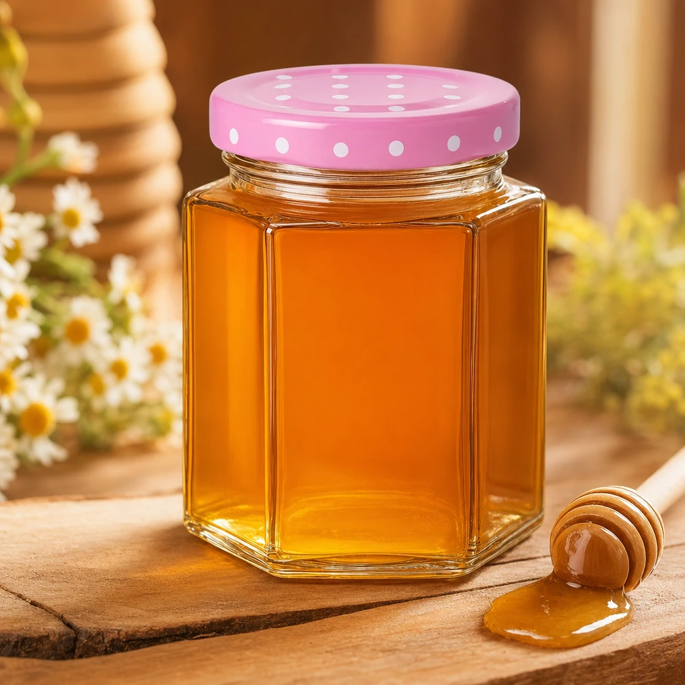 196ml Hexaglas + BasicSeal Deckel Punkte rosa UNiTWIST Natürlicher Honig im 196ml Hexaglas mit rosa Punktedeckel BasicSeal neben Honiglöffel auf rustikalem Holztisch