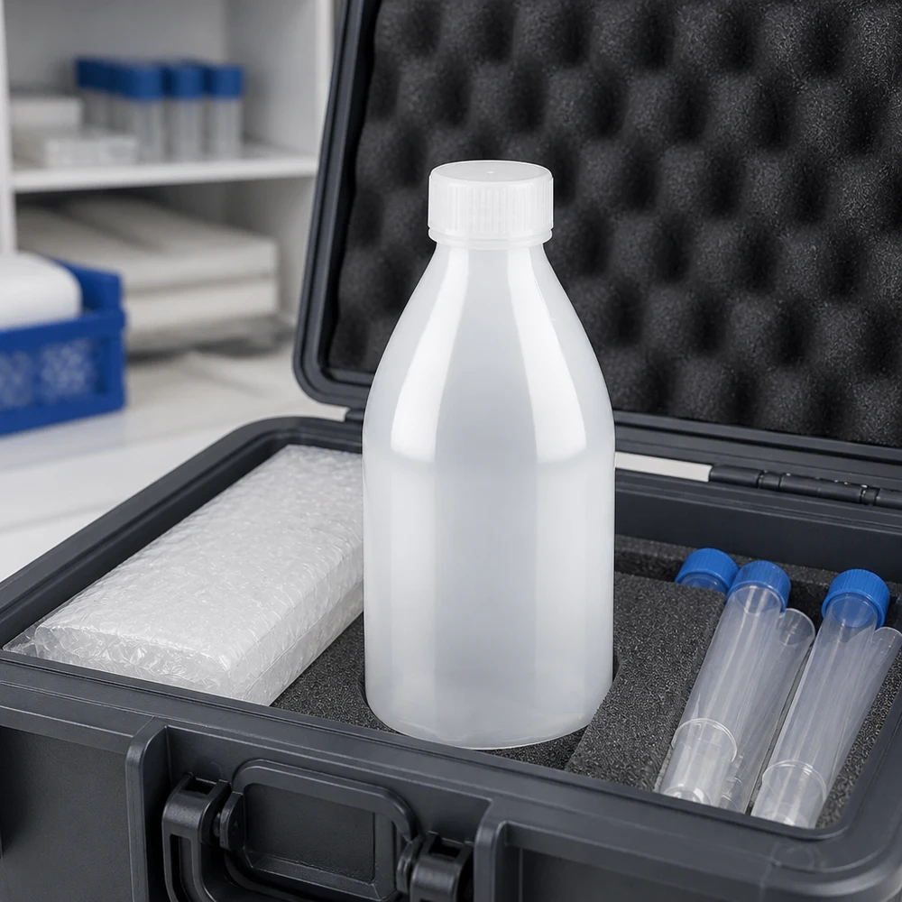 100ml Laborflasche Enghals ohne Verschluss Sichere Probenaufbewahrung 100ml Enghalsflaschen ohne Verschluss mit Kühlelement im Transportcase