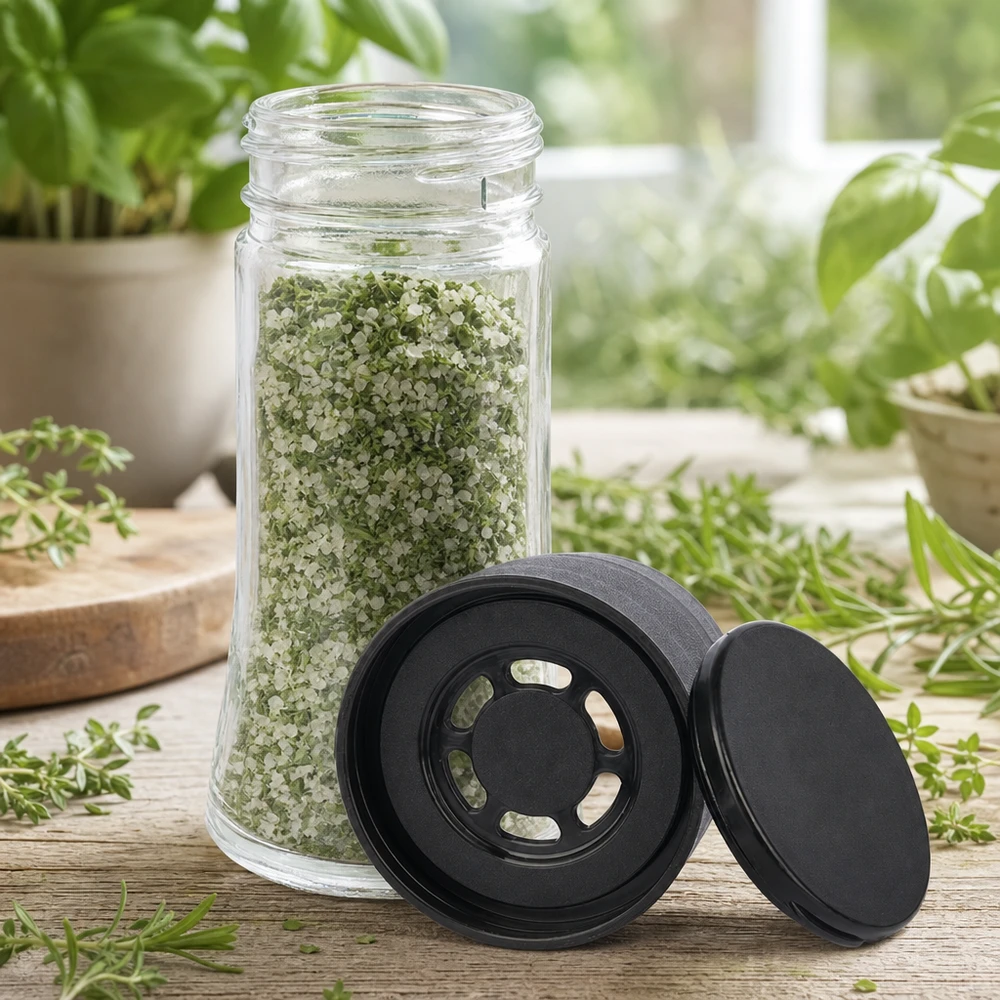 Salz-/Gewürzglas 95ml mit Mühle (grob) schwarz Kleines Salz- und Gewürzglas 95ml mit zweiteiligem schwarzen Streuer-Mühlenaufsatz