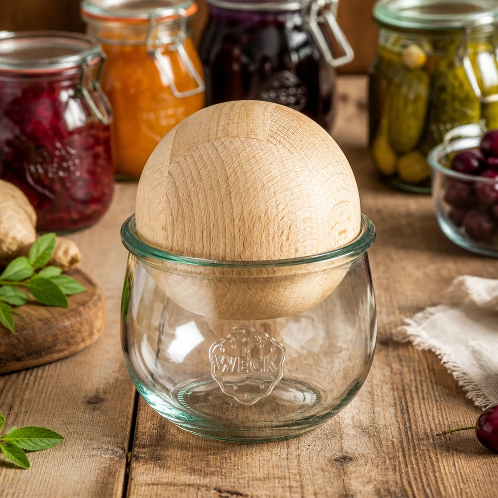 580ml Tulpenglas WECK RR100 mit Holzkugel Buche Tulpenglas WECK RR100 mit Buchenholzkugel in Küchenambiente neben bunten Einmachgläsern mit Marmeladen und Pickles