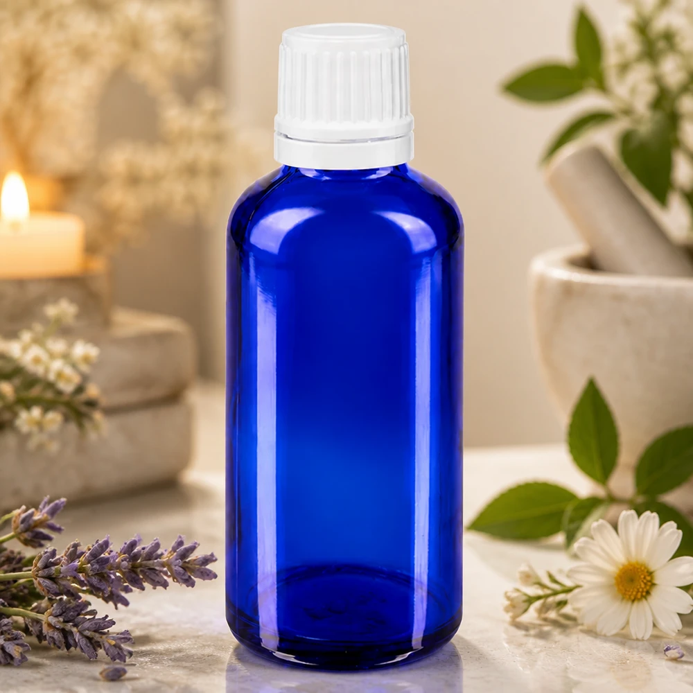 ApoGlas Tropfflasche 50ml in Blau mit 0,7mm Öffnung für präzise Dosierung