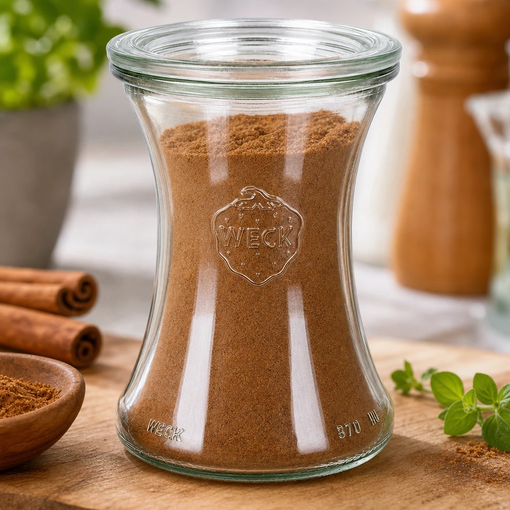 WECK Delikatessenglas 370ml RR80 mit Zimt gefüllt zeigt perfekte Gewürzaufbewahrung neben Zimtstangen und Kräutern