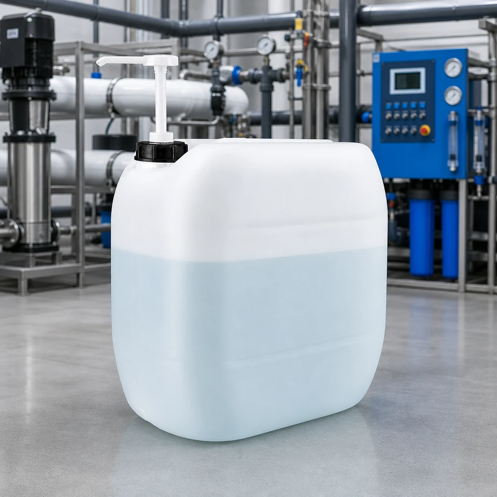 Kanister 30 Liter mit Dosierpumpe Quadratischer Kunststoffbehälter 30 Liter mit Pumpvorrichtung vor Wasseraufbereitungsanlage