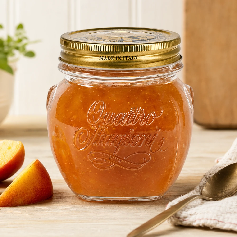 300ml Quattro Stagioni Rundglas mit goldenem Deckel gefüllt mit Marmelade auf Holztisch neben Orangenscheiben