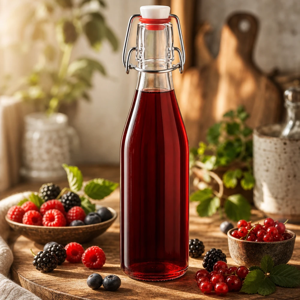 250ml Glasflasche mit Bügelverschluss gefüllt mit rotem Beerensaft, umgeben von frischen Beeren in rustikaler Küche