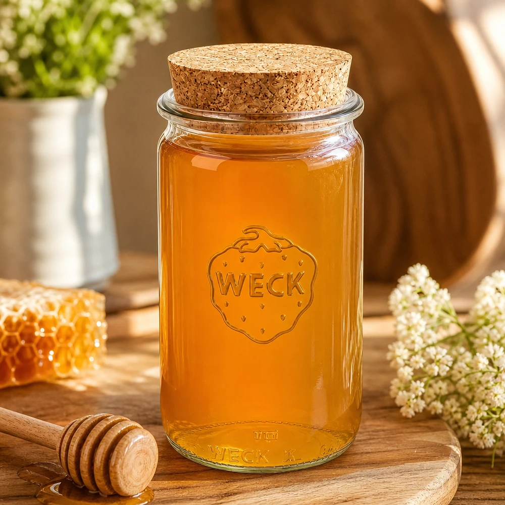 WECK Vorratsglas 340ml mit Korkdeckel gefüllt mit goldenem Honig neben Honigwabe und Honiglöffel auf Holzbrett