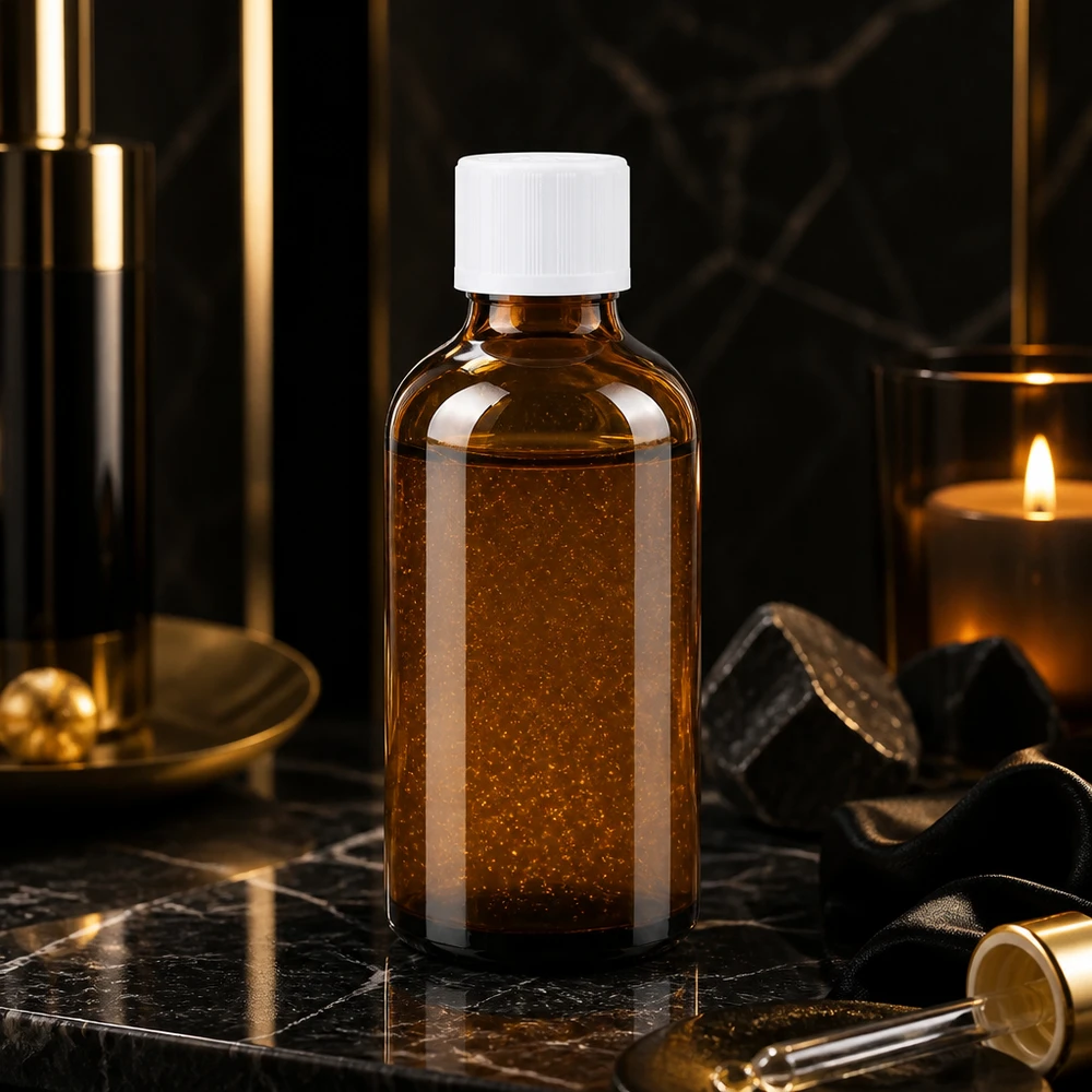 Apothekenflasche braun 50ml Tropfverschluss weiß Kindersicherung Standard Bernsteinfarbene 50ml Tropfflasche mit schimmerndem Inhalt weißem KiSi-Verschluss und Golddekoration