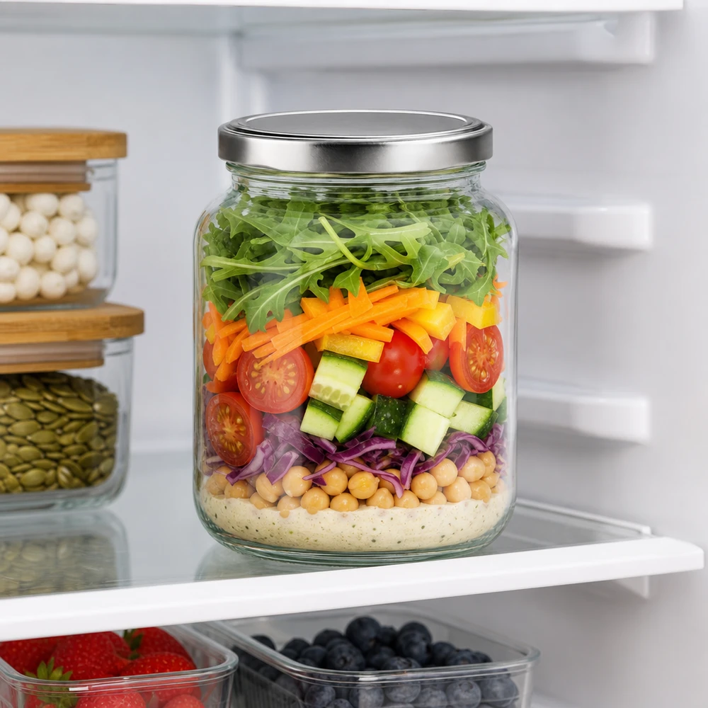 370ml Ovalglas mit BasicSeal Deckel silber UNiTWIST 370ml Ovalglas mit BasicSeal Deckel als Meal Prep Salat im Kühlschrank mit Schichtsalat und frischen Zutaten