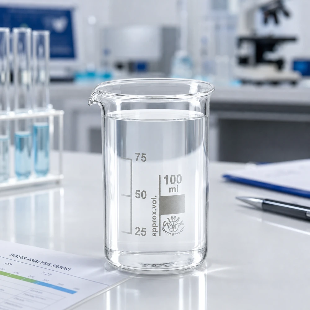 Becherglas 100ml Borosilikatglas, hohe Form Transparentes Messbecherglas 100ml hohe Form mit destilliertem Wasser gefüllt im professionellen Laborumfeld