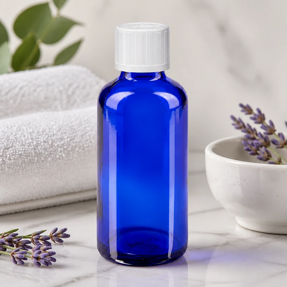 Apothekenflasche blau 50ml Schraubverschluss weiß Kindersicherung Standard Blaue Glasflasche 50ml mit kindersicherem Standardverschluss weiß im Spa-Setting