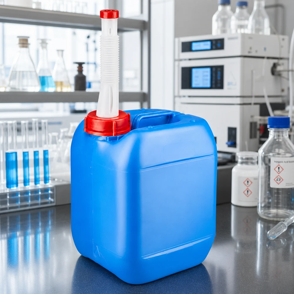 HDPE Kanister 5 Liter mit flexiblem Auslaufrohr und kindersicherem Schraubverschluss in Rot