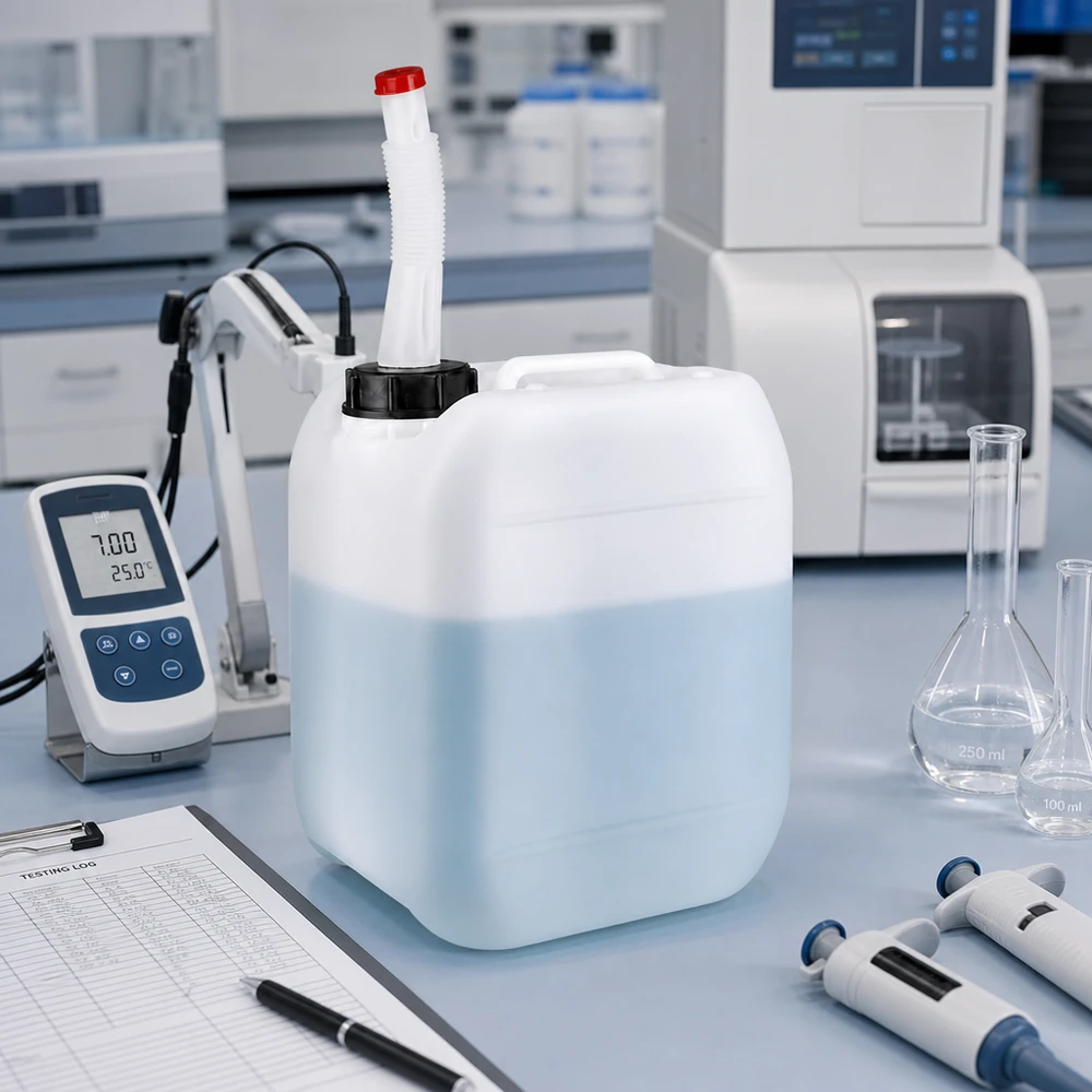 Kanister 5 Liter mit Auslaufrohr Flex Transparenter Kunststoffkanister 5 Liter mit biegsamem Flex-Ausgießer auf Laborarbeitsfläche
