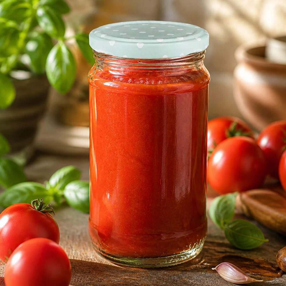 370ml UNiTWIST Rundglas mit Tomatenpassata gefüllt und Punktedeckel BasicSeal mint auf Holzuntergrund