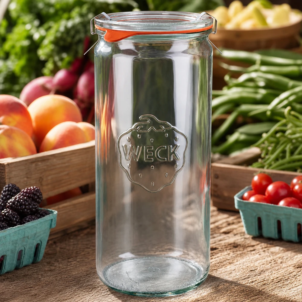 WECK 1040ml Zylinderglas RR80 komplett Set auf Holztisch mit frischem Gemüse Obst und Kräutern in natürlicher Umgebung