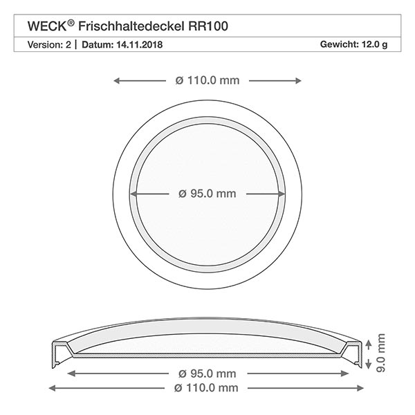 1000ml Sturzglas mit Frischedeckel WECK RR100 Technische Zeichnung WECK Frischhaltedeckel RR100 mit Maßangaben 110mm und 95mm Durchmesser für Gugelhupfglas
